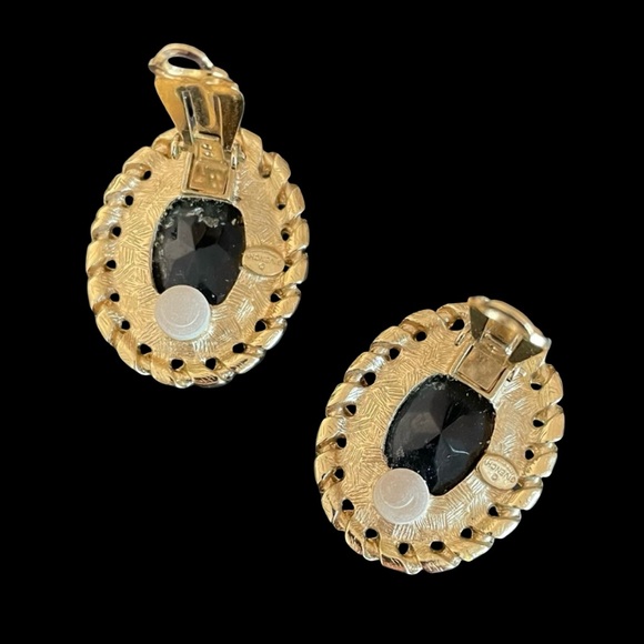 Vintage Givenchy Paris Goldtone And Faceted Black Cabochon Clip Earrings